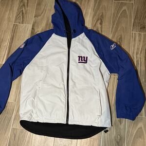 New York Giants Mens Jacket Large Blue Black Full 2-way Zip Hooded Winter Reebok